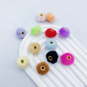 Faux fur pom pom spacer beads with metal holes, colorful DIY jewelry making accessories.