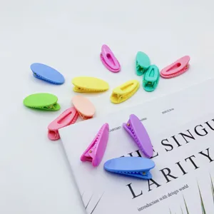 Candy color duckbill hair clips detail showcase, minimalist sweet style hair accessories.