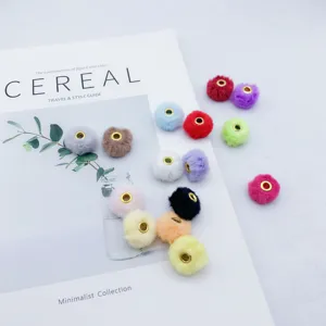 Faux rabbit fur pom pom beads with gold eyelet 20mm colorful plush spacer charms for DIY jewelry.