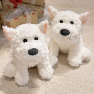 White plush West Highland terrier puppy toy, cute fluffy stuffed dog for kids birthday gift.