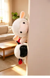 Cute cartoon sheep hand puppet plush toy detail view, soft interactive doll for kids play.