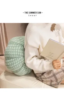 Cozy plush pumpkin pillow, soft green throw cushion for living room sofa, cute bedroom decor.