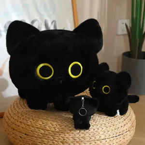 Detail shot of black cat plush toys set, featuring cute stuffed kitten dolls and keychain pendants.