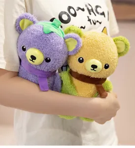 Close-up detail of cute vegetable plush bear toys, soft fabric and adorable design.