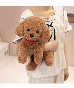 Cute simulation teddy dog plush toy with red collar, soft puppy doll for kids companion.