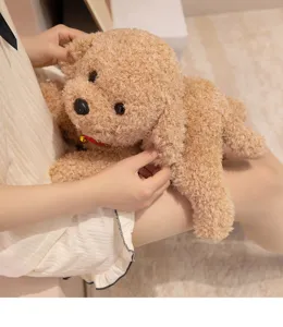 Cute fluffy brown curly teddy dog plush toy, soft puppy stuffed doll for kids and home decor.