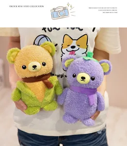 Detailed shot of cute vegetable corn and eggplant plush bear toys, soft and huggable.