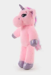 Close-up view of the cute pink plush unicorn toy, highlighting soft fur and sparkly details.