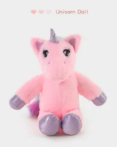 Cute pink unicorn plush toy with shiny purple hooves and horn, soft companion doll for kids.