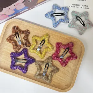 Charming plush star hair clips set, colorful knitted hair accessories for kids and daily styling.