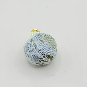 Blue lace fabric wrapped bead charm, gold metal ring detail for DIY jewelry clothing accessories.