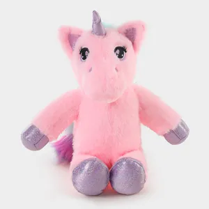 Cute pink unicorn plush toy with sparkly purple hooves and colorful mane for kids.