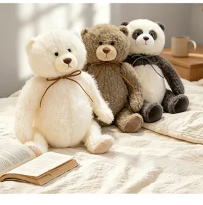 Cute sitting plush bear and panda stuffed toys with bow decor for kids soothing and room decor