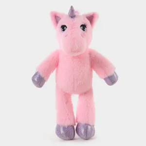 Cute pink unicorn plush toy with sparkly purple hooves and horn, soft stuffed animal doll for kids.