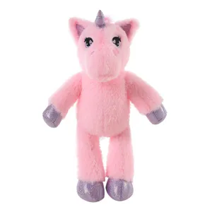 Pink unicorn plush toy doll with purple sparkly hooves and horn, cute soft stuffed animal.