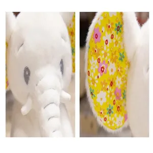 Closeup view of the cute plush elephant ear texture and facial details, soft fabric.