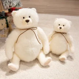 Cute white plush teddy bear stuffed animal soft toy with ribbon bow for kids gift decor