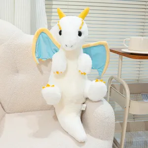 Cute white and blue dragon plush toy, soft stuffed animal doll for kids comfort and room decor.