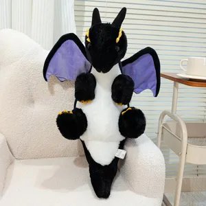 Cute black dragon plush toy with purple wings, soft stuffed animal doll for kids comfort and companion
