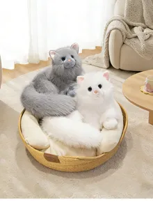Detailed view of cute simulation kitten plush toys, fluffy white and grey cat dolls in cozy basket.