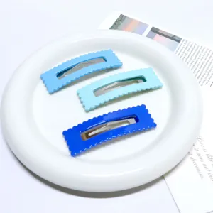 Blue scalloped rectangle hair clips set candy color cute hair accessories for daily wear.