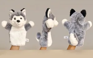 Cute husky hand puppet plush toy for kids interactive play, soft gray and white animal doll.