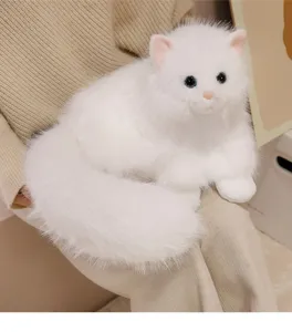 Detailed view of a white realistic cat plush toy, fluffy soft fur, cute kitty doll gift.