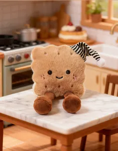 Simpatico peluche biscotto con berretto da notte a righe e gambe piccole decorazione