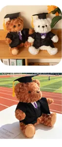 Afstuderen teddybeer pluche speelgoed schattige bruine witte beer met doctorhoed en jurk voor school.