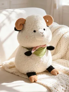 Cute cartoon sheep plush toy with green bib and pink scarf, soft toy for kids gift.