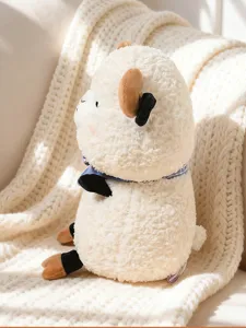 Cute cartoon lamb plush toy with cozy scarf, soft stuffed animal for kids sleeping comfort.