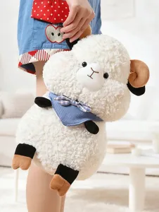 Cute plush sheep toy detail view, featuring soft white fleece and cute blue bow tie design.