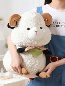 Cute plush sheep toy with scarf soft ram doll for kids comforting sleeping companion.
