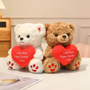 Cute plush teddy bear toy with red heart pillow, soft stuffed animal gift for girls kids.
