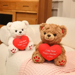 Cute teddy bear plush toys holding red hearts, soft stuffed animal doll for gifts