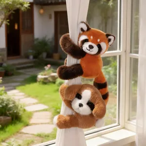 Adorable magnetic animal plush curtain tie-back set featuring cute red panda and puppy dolls for home decor.