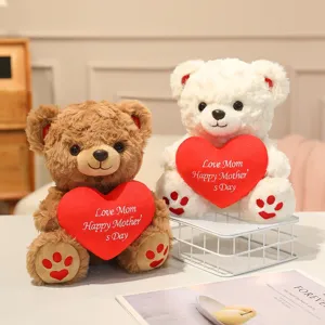 Cute plush teddy bear couple holding red heart toys, perfect mother's day gift main photo.