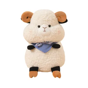 Cute plush sheep toy with plaid scarf soft stuffed animal doll for kids sleeping soothing gift