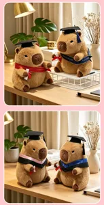 Cute capybara plush toy wearing graduation cap and gown, detail view of cute stuffed animal doll.