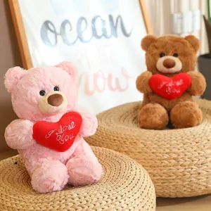 Dettaglio ravvicinato di un adorabile orsacchiotto di peluche con cuscino a cuore rosso.