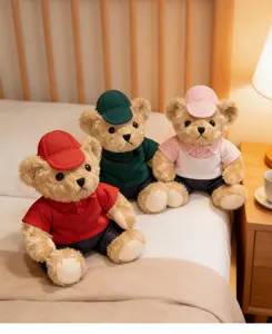 Detailed view of cute sitting dressed teddy bear plush toys in a cozy bedroom scene.