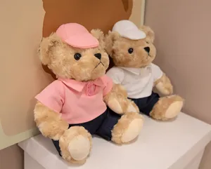 Cute stuffed teddy bear couple plush toy in cute polo shirt and cap, soft toy gift.