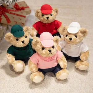 Cartoon Sitting Teddy Bear Plush Toy With Polo Shirt And Hat Short Plush PP Cotton Bear Doll Soft Hugging Bear For Kids Room Decor