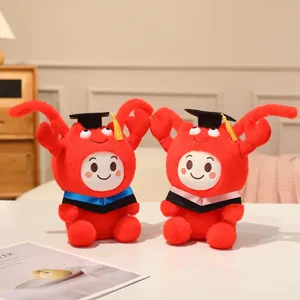 Joli jouet en peluche de homard rouge avec chapeau de doctorat poupee cadeau etudiant