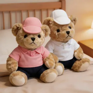Cute couple teddy bear plush toys with polo shirts and caps, soft stuffed doll for girls.