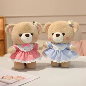 Cute plush teddy bear toy wearing lace princess dress soft stuffed doll gift for kids