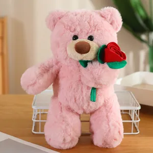 Orsetto di peluche rosa con rosa rossa, morbida bambola di peluche per regalo.