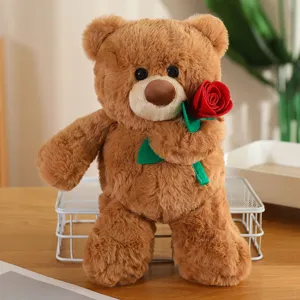 Simpatico orsetto di peluche marrone con rosa rossa, morbida bambola per ragazze e regali.