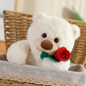 Simpatico peluche orsetto bianco con rosa rossa, morbida bambola di stoffa per ragazze e bambini.