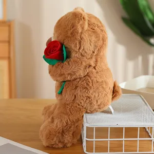 Dettaglio peluche orsetto marrone carino che tiene una rosa rossa, regalo morbido.